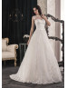 Sheer Neckline Ivory Lace Tulle Corset Back Minimalist Wedding Dress 